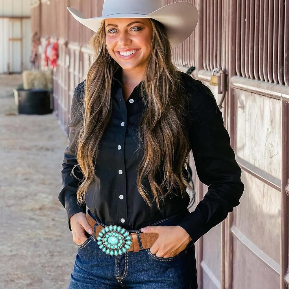 Women Western-Belts Rhinestone-Cowboy-Cowgirl Embossed Floral Pu Leather Bling-D - Picture 6 of 7